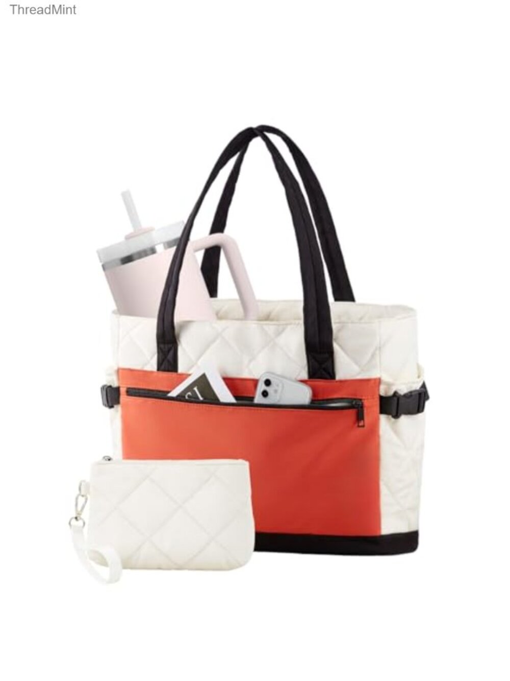 Quilted Puffer Tote Bag with Cup Holder, Waterproof Work Bag for Women